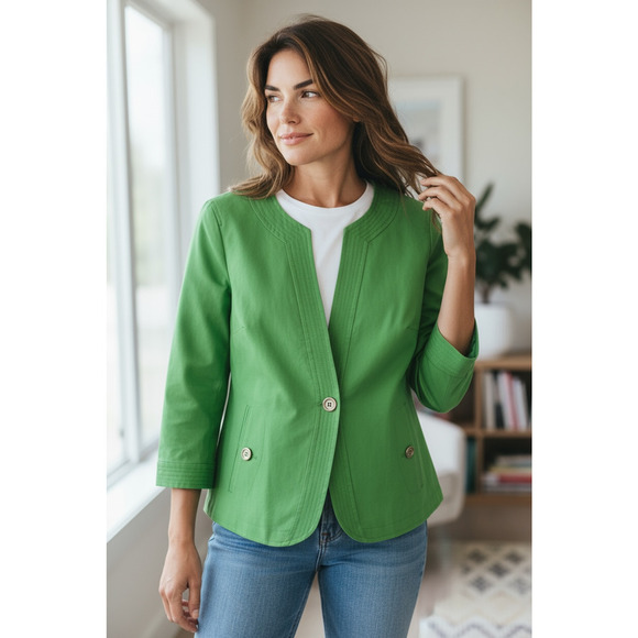 Talbots Blazer Womens 16P Green Collarless Open Front Petite Career Lined Office - Picture 1 of 8